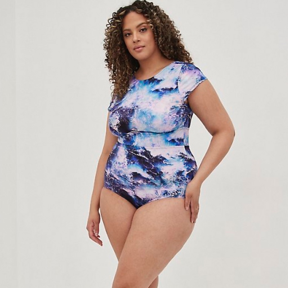 TORRID blue white pink ocean waves one piece swimsuit, 4X. - Picture 2 of 9